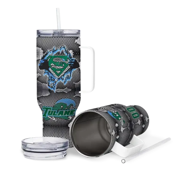 personalized tulane green wave superman shield green gray curved tumbler high quality.webp