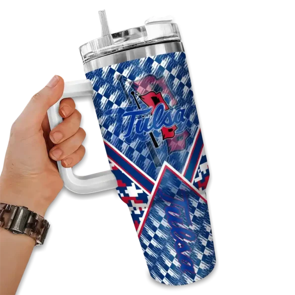 personalized tulsa golden hurricane chevron angle blue curved tumbler fashion forward.webp