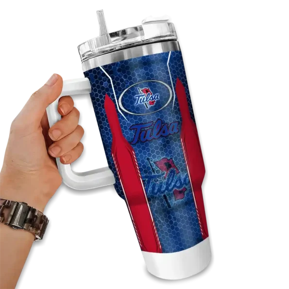 personalized tulsa golden hurricane hexagon armor blue curved tumbler fashion forward.webp