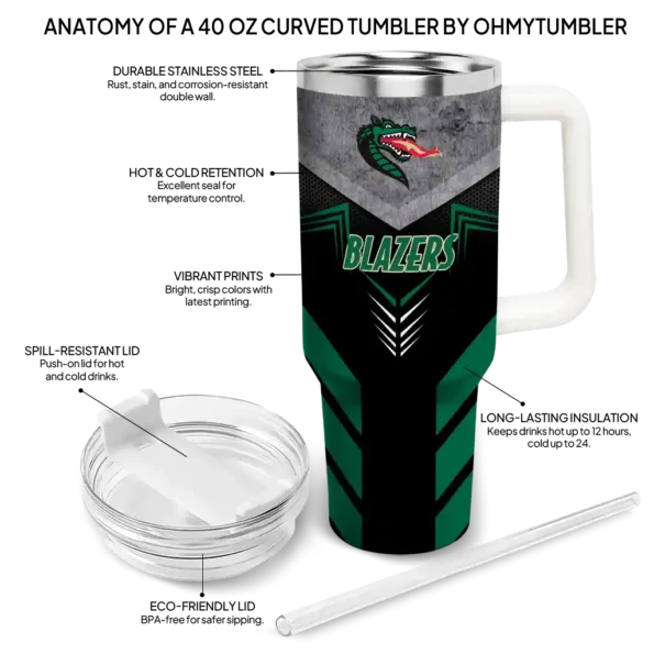 personalized uab blazers arrow armor green black curved tumbler new arrival.webp