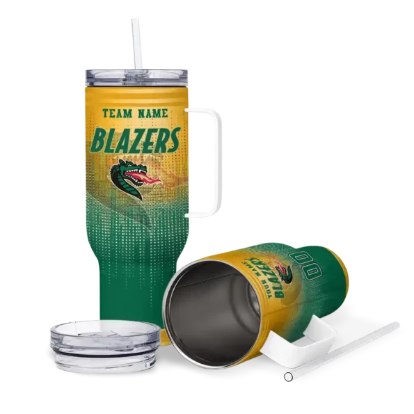 personalized uab blazers gradient dots green curved tumbler high quality.webp