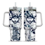 personalized uconn huskies camo mashup blue white curved tumbler best selling.webp