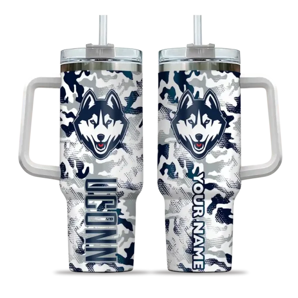 personalized uconn huskies camo mashup blue white curved tumbler best selling.webp