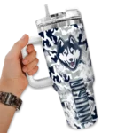 personalized uconn huskies camo mashup blue white curved tumbler best selling.webp