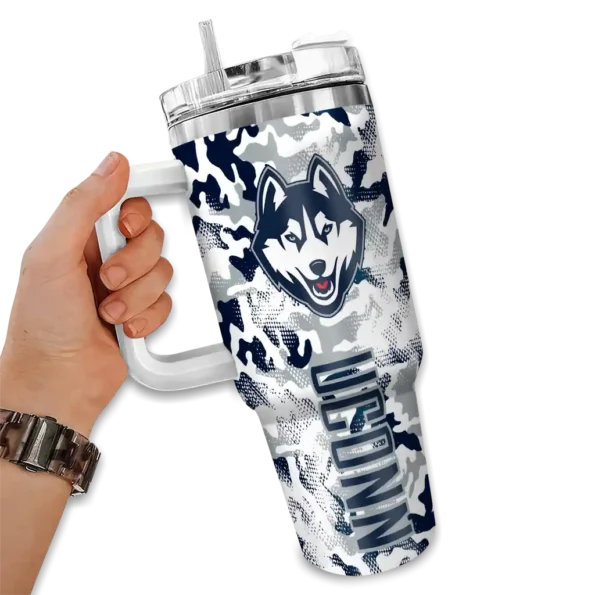 personalized uconn huskies camo mashup blue white curved tumbler fashion forward.webp