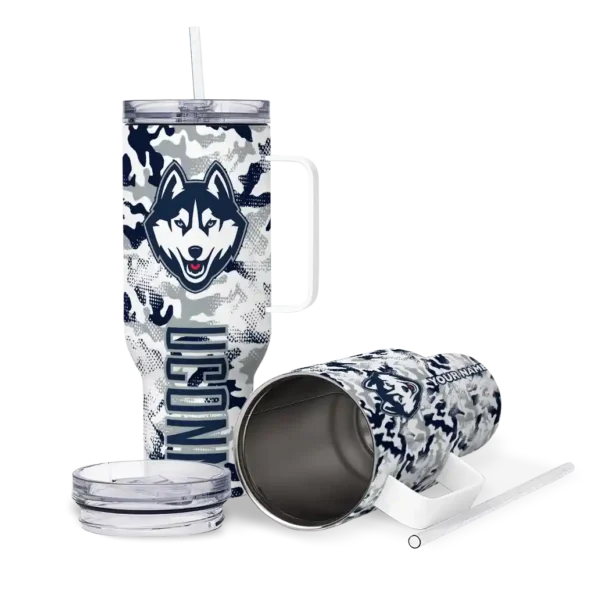 personalized uconn huskies camo mashup blue white curved tumbler high quality.webp
