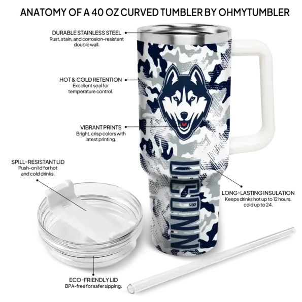 personalized uconn huskies camo mashup blue white curved tumbler new arrival.webp