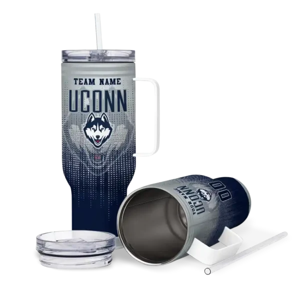 personalized uconn huskies gradient dots blue curved tumbler high quality.webp