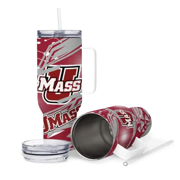 personalized umass minutemen abstract paths red curved tumbler high quality.webp