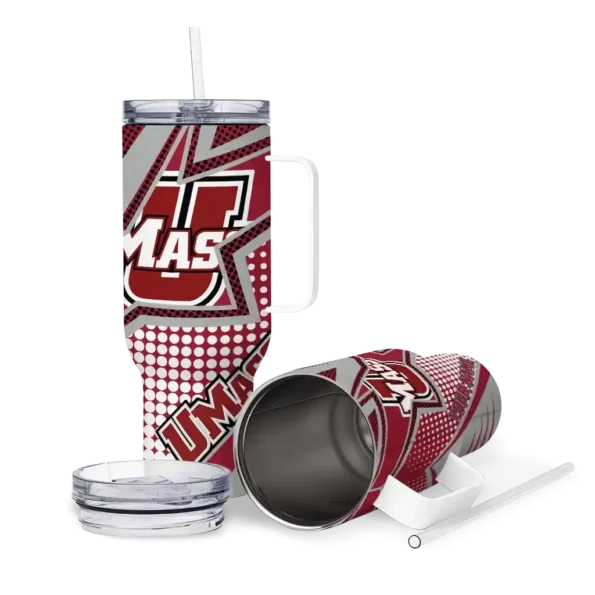 personalized umass minutemen arrow burst red curved tumbler high quality.webp