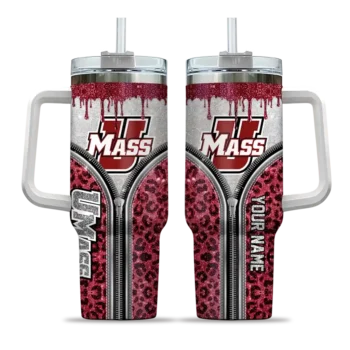 personalized umass minutemen leopard zipper red curved tumbler best selling.webp