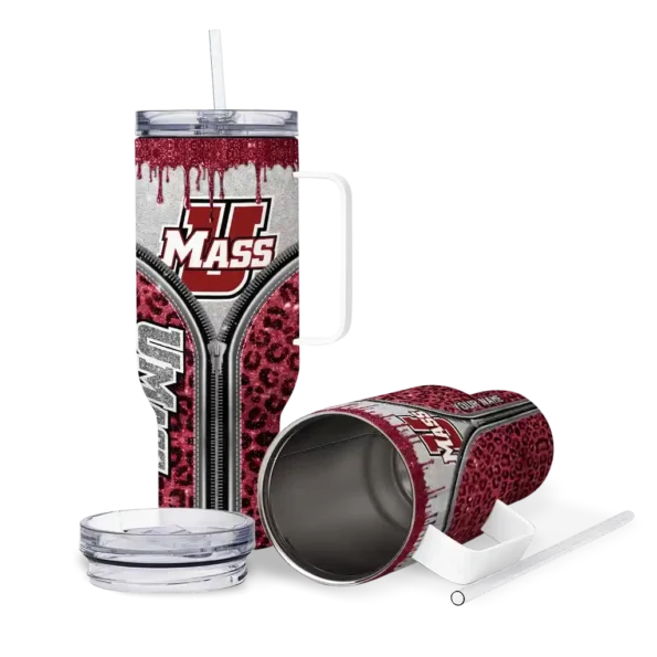 personalized umass minutemen leopard zipper red curved tumbler high quality.webp