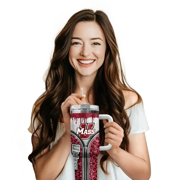 personalized umass minutemen leopard zipper red curved tumbler premium grade.webp