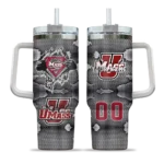 personalized umass minutemen superman shield red gray curved tumbler best selling.webp