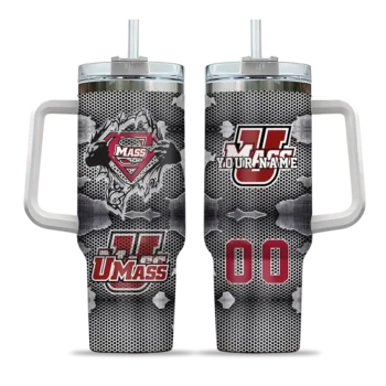 personalized umass minutemen superman shield red gray curved tumbler best selling.webp