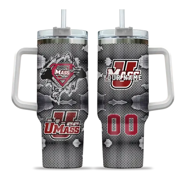 personalized umass minutemen superman shield red gray curved tumbler best selling.webp