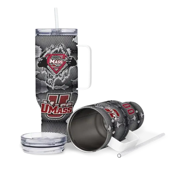 personalized umass minutemen superman shield red gray curved tumbler high quality.webp