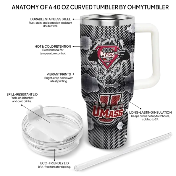 personalized umass minutemen superman shield red gray curved tumbler new arrival.webp