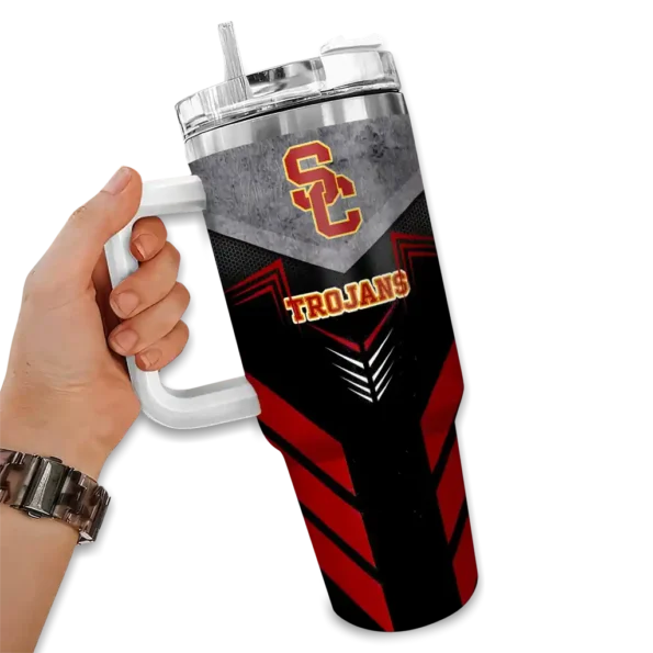 personalized usc trojans arrow armor red black curved tumbler fashion forward.webp