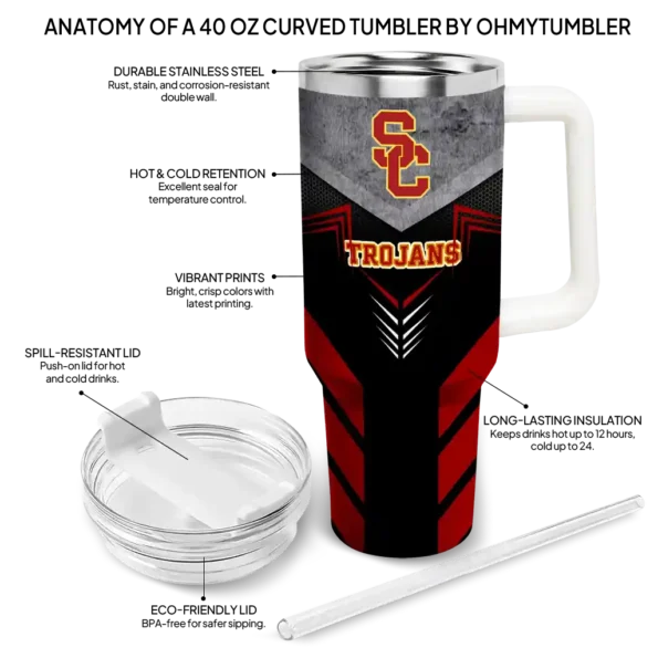 personalized usc trojans arrow armor red black curved tumbler new arrival.webp