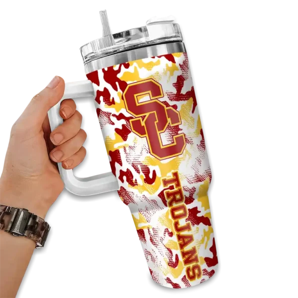 personalized usc trojans camo mashup red white curved tumbler fashion forward.webp