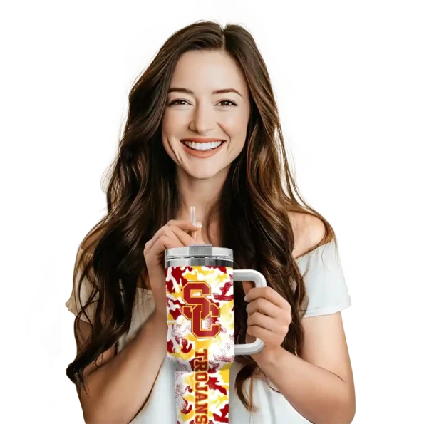 personalized usc trojans camo mashup red white curved tumbler premium grade.webp