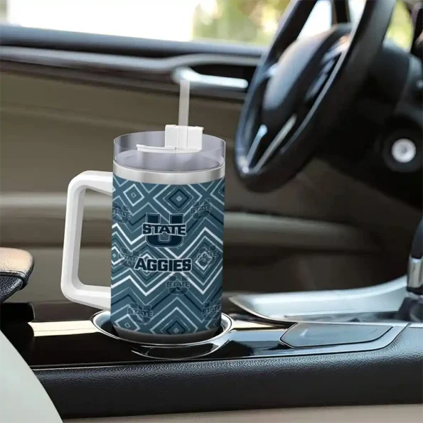 personalized utah state aggies bold diamonds navy curved tumbler trendy.webp