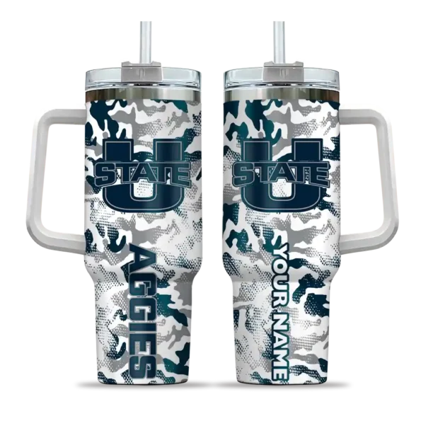 personalized utah state aggies camo mashup navy white curved tumbler best selling.webp
