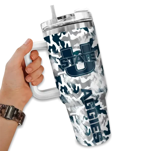 personalized utah state aggies camo mashup navy white curved tumbler fashion forward.webp