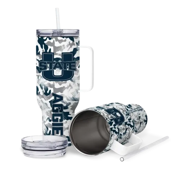 personalized utah state aggies camo mashup navy white curved tumbler high quality.webp