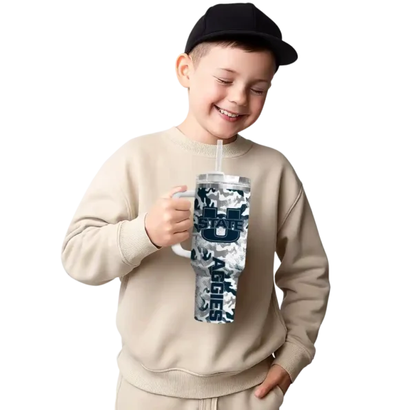 personalized utah state aggies camo mashup navy white curved tumbler latest model.webp
