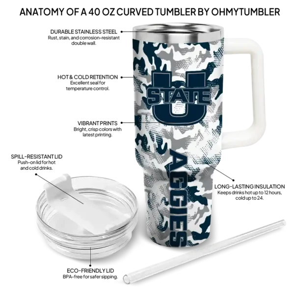 personalized utah state aggies camo mashup navy white curved tumbler new arrival.webp