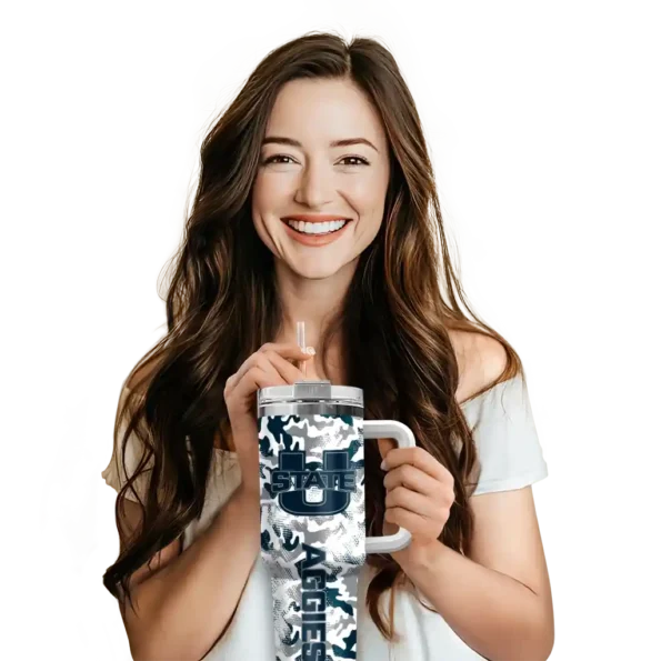 personalized utah state aggies camo mashup navy white curved tumbler premium grade.webp
