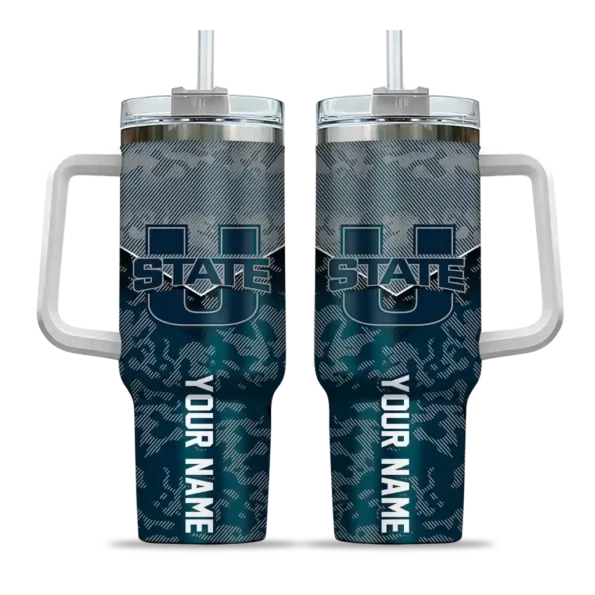 personalized utah state aggies chevron stripe navy curved tumbler best selling.webp