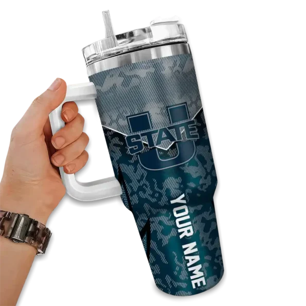 personalized utah state aggies chevron stripe navy curved tumbler fashion forward.webp