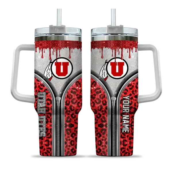 personalized utah utes leopard zipper red curved tumbler best selling.webp