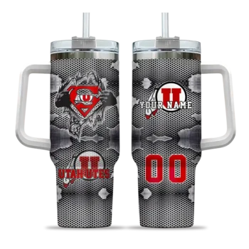 personalized utah utes superman shield red gray curved tumbler best selling.webp