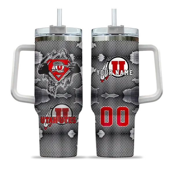 personalized utah utes superman shield red gray curved tumbler best selling.webp