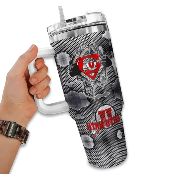 personalized utah utes superman shield red gray curved tumbler fashion forward.webp