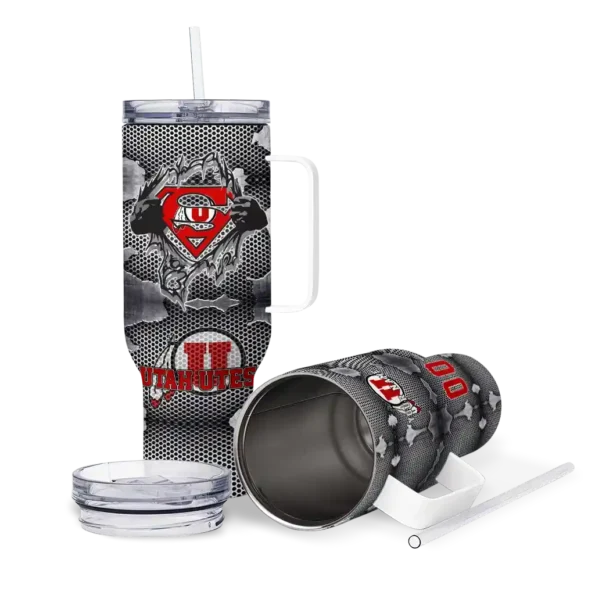personalized utah utes superman shield red gray curved tumbler high quality.webp