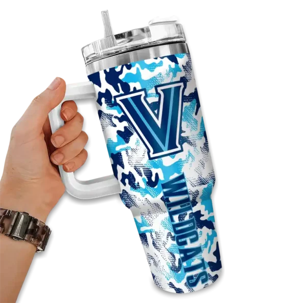 personalized villanova wildcats camo mashup navy white curved tumbler fashion forward.webp