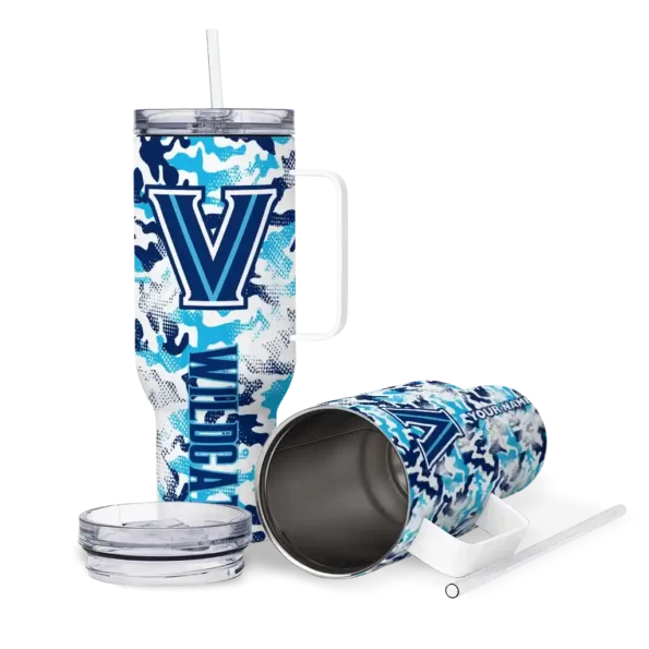 personalized villanova wildcats camo mashup navy white curved tumbler high quality.webp