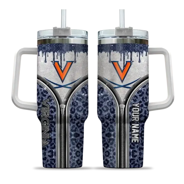 personalized virginia cavaliers leopard zipper blue curved tumbler best selling.webp