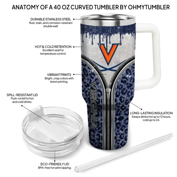 personalized virginia cavaliers leopard zipper blue curved tumbler new arrival.webp