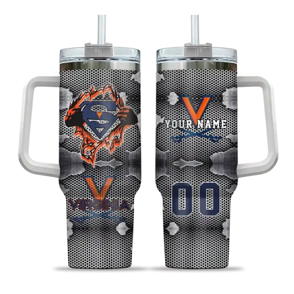 personalized virginia cavaliers superman shield blue gray curved tumbler best selling.webp
