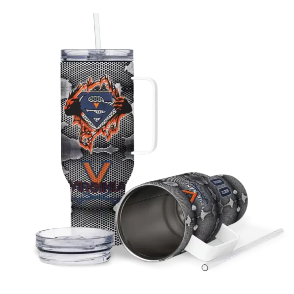personalized virginia cavaliers superman shield blue gray curved tumbler high quality.webp