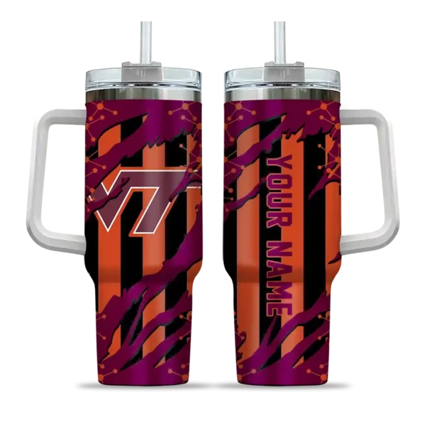 personalized virginia tech hokies claw cut maroon black curved tumbler best selling.webp