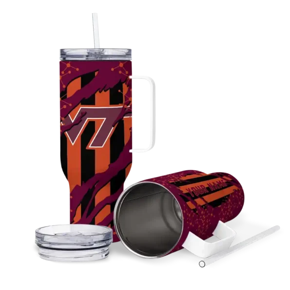personalized virginia tech hokies claw cut maroon black curved tumbler high quality.webp