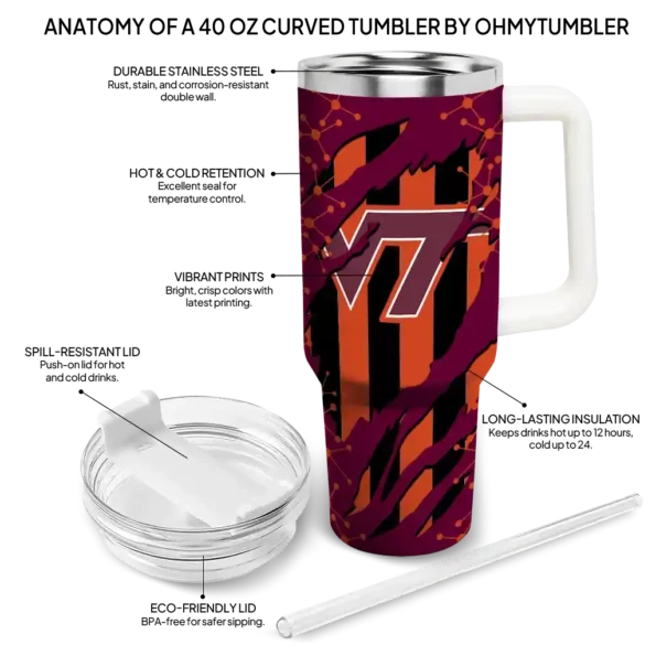 personalized virginia tech hokies claw cut maroon black curved tumbler new arrival.webp
