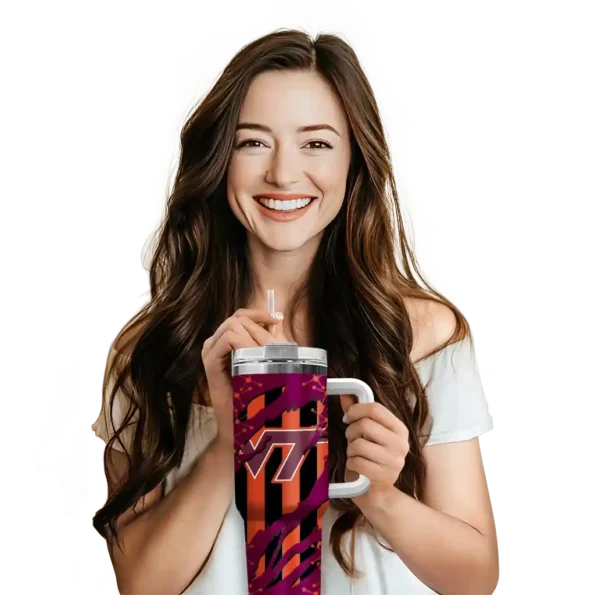 personalized virginia tech hokies claw cut maroon black curved tumbler premium grade.webp